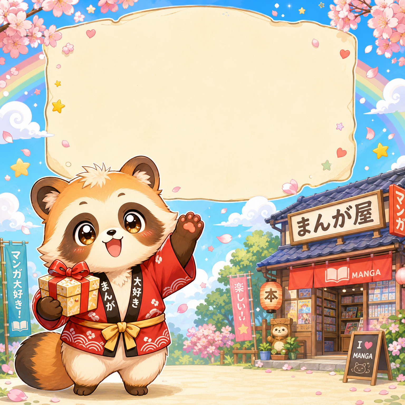 La mascotte Fanippon devant sa boutique de manga, avec un encart prêt à accueillir notre histoire
