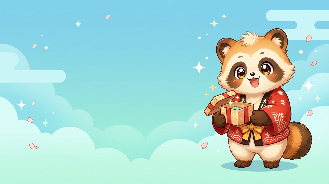 La mascotte Fanippon ouvrant un cadeau, entourée de paillettes pour annoncer les derniers arrivages