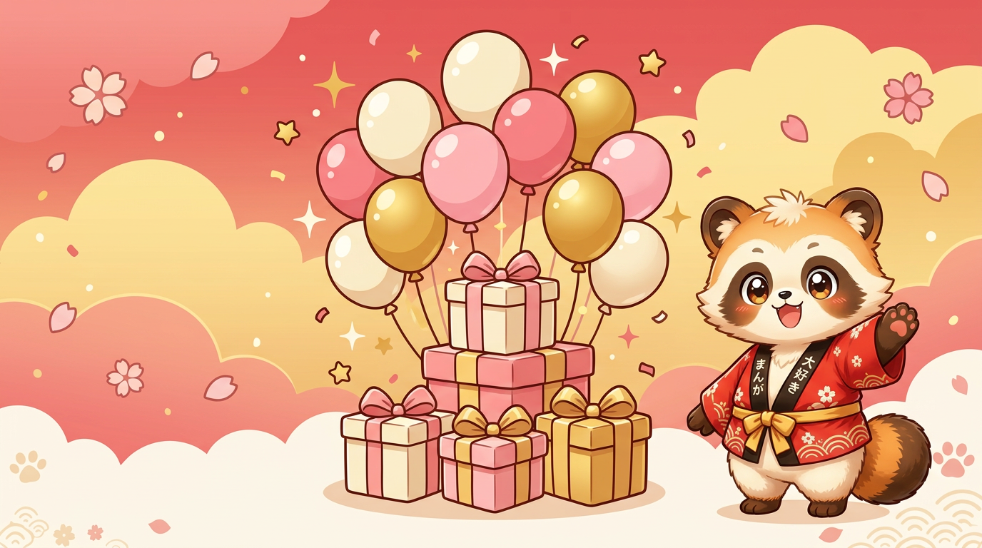 La mascotte Fanippon entourée de ballons et de cadeaux pour célébrer les promotions