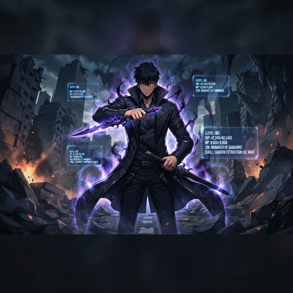 Sung Jinwoo, le Monarque des Ombres de Solo Leveling, illustration pour le blog Fanippon