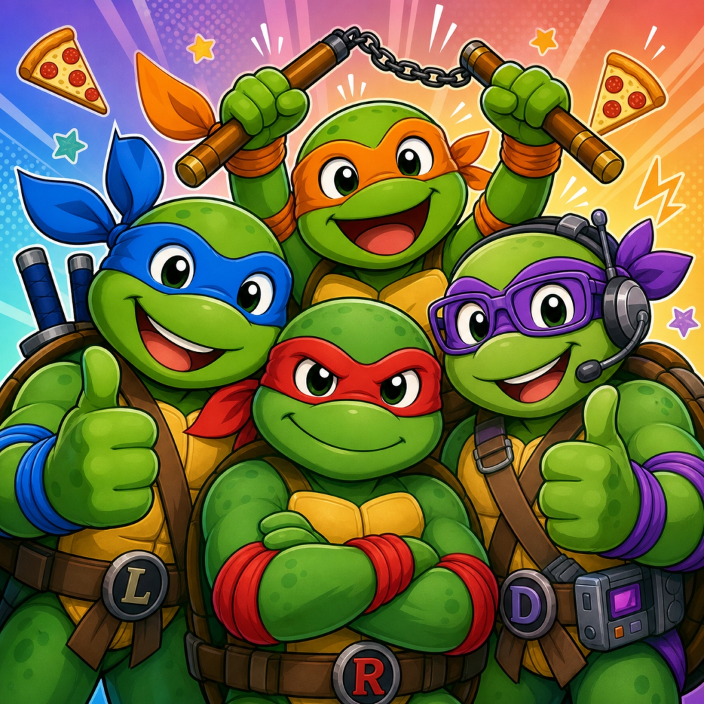 Leonardo, Donatello, Raphael et Michelangelo, les 4 Tortues Ninja armées sur un toit new-yorkais au coucher du soleil, illustration pour le blog Fanippon