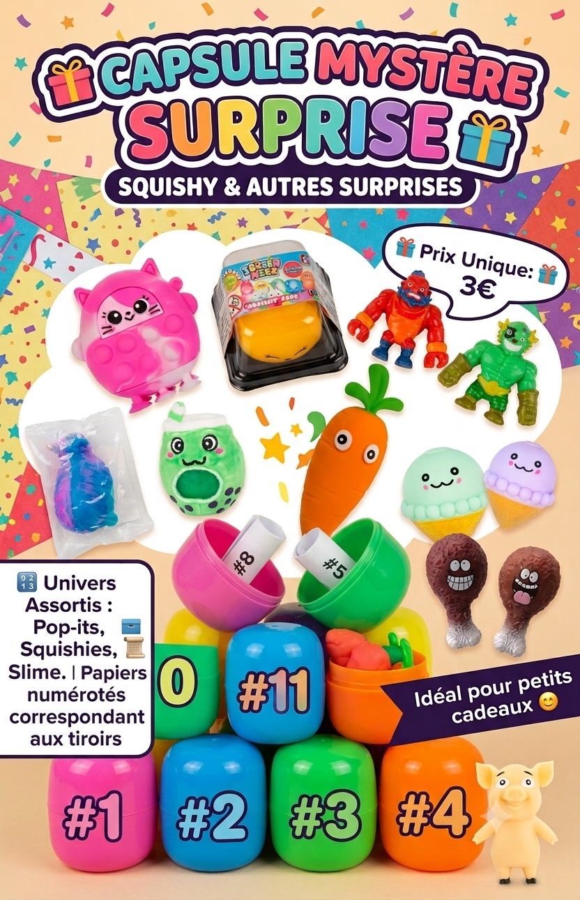 Capsule Mystère Surprise Squishy & Fidget Toys, Lot Aléatoire, capsules d’origine