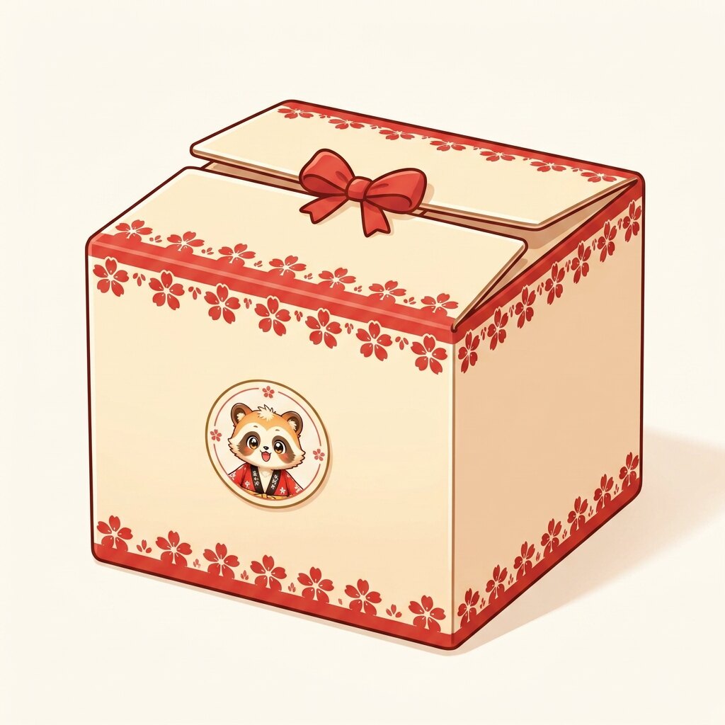 Boîte mystère Fanippon en carton crème à motif de fleurs de cerisier, fermée par un ruban rouge, avec la mascotte tanuki