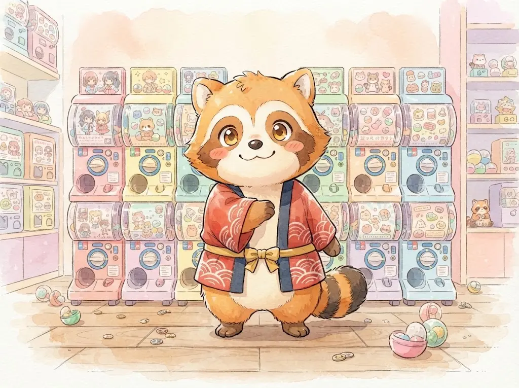 Mascotte Fanippon devant un mur de machines à gashapon japonaises