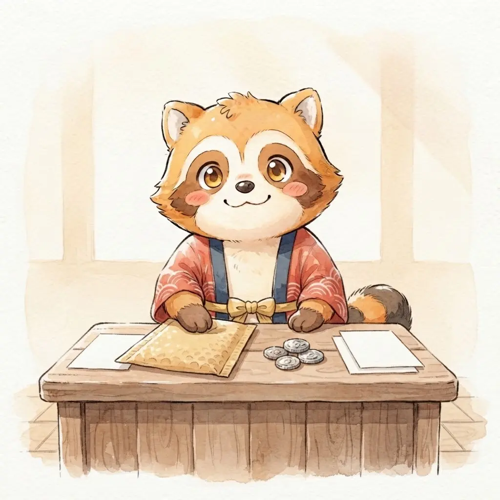 Mascotte Fanippon derrière un comptoir avec une enveloppe et des pièces, illustrant le prix d un Ichiban Kuji