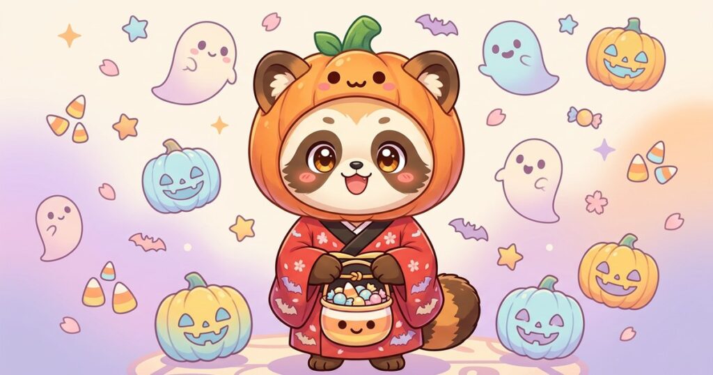 La mascotte tanuki de Fanippon déguisée en citrouille pour Halloween