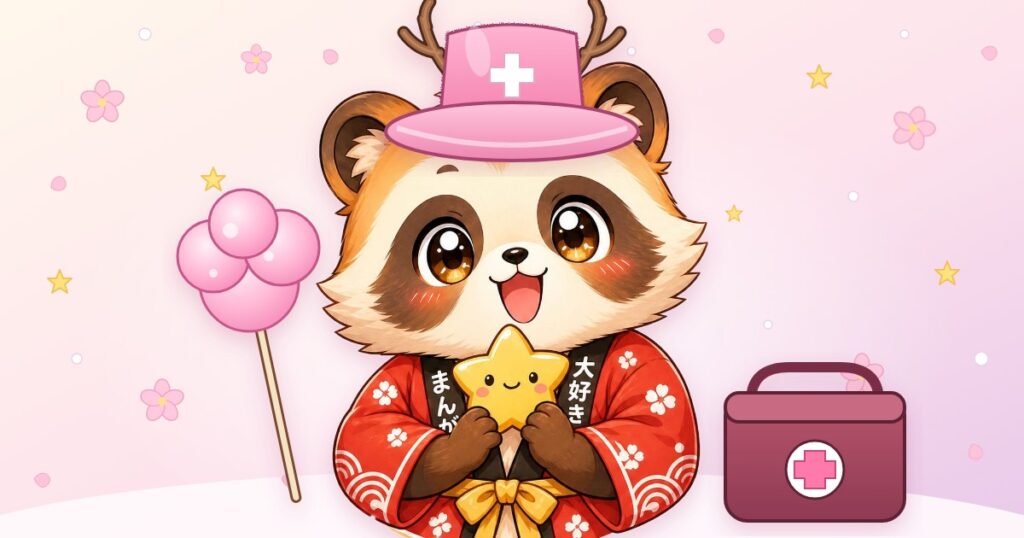 La mascotte Fanippon en petit médecin, chapeau rose et bois de renne, pour l'article sur Tony Tony Chopper